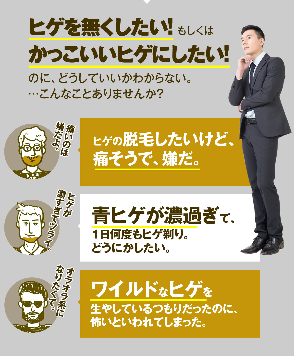 ヒゲを無くしたい!もしくはかっこいいヒゲにしたい!のに、どうしていいかわからない。こんなことありませんか？